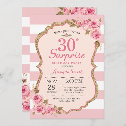 Bloemige Roze Pioenrozen Verrassen 30e Verjaardags Kaart (Voorkant / Achterkant)