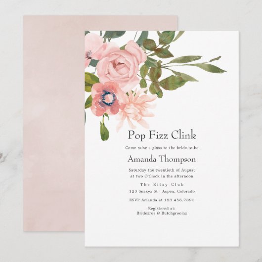 Bloemige Roze Pop Fizz Clink Bruiloftsfeest Kaart (Voorkant / Achterkant)