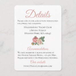 Bloemige Roze Roos Bruiloft Richting Details Informatiekaartje
