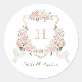 Bloemige Roze Rozen Monogram Wapenschild Envelop Ronde Sticker
