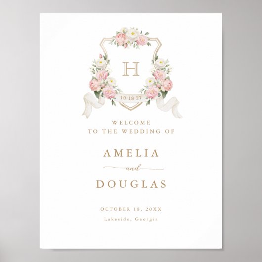 Bloemige Roze Rozen Wapen Monogram Welkom Bord Poster (Voorkant)