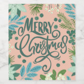 Bloemige roze vrolijk kerstfeest  wijn etiket (Enkel label)