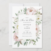 Bloemige Roze Witte Pioen Huwelijk Bewaar de Datum Kaart (Voorkant)