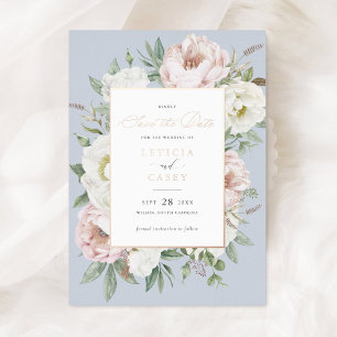 Bloemige Roze Witte Pioen Roos Folie Save the Date Uitnodiging