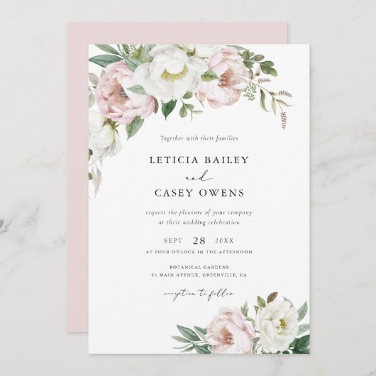 Bloemige Roze Witte Pioenblad Elegante Trouwdag Kaart (Voorkant / Achterkant)