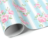 bloemige rozen classic streep lichtblauw cadeaupapier (Rol Hoek)