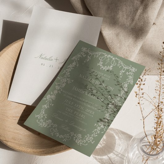 Bloemige Salie Groene Tuin Monogram Boho Bruiloft Kaart