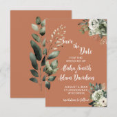 Bloemige saliegroen & terracotta Save The Date-kaa Date (Voorkant / Achterkant)