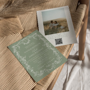 Bloemige Saliegroene Monogram Foto QR Code Huwelij Kaart