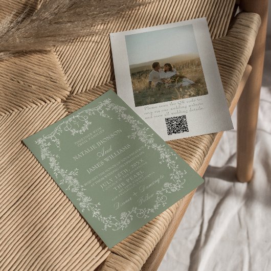 Bloemige Saliegroene Monogram Foto QR Code Huwelij Kaart