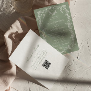 Bloemige Saliegroene Tuin Monogram QR Code Trouwda Kaart