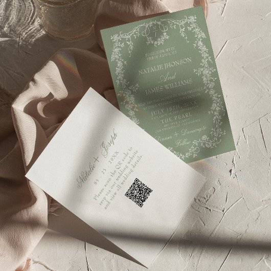 Bloemige Saliegroene Tuin Monogram QR Code Trouwda Kaart