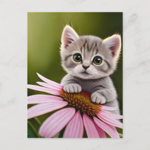 Bloemige schattige kleine grijze kat briefkaart