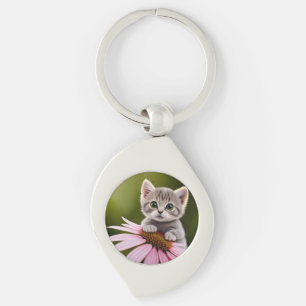 Bloemige schattige kleine grijze kat sleutelhanger
