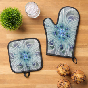 Bloemige schoonheid Abstract moderne blauwe pastel Ovenwant & Pannenlap Set