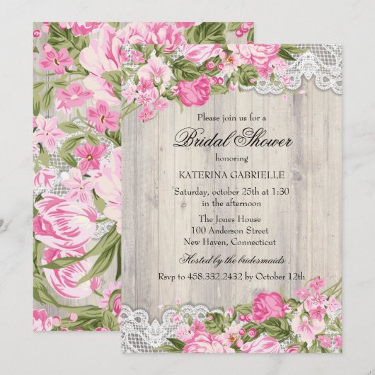 Bloemige Shabby Chic & Kanten Bruiloft Uitnodiging (Voorkant / Achterkant)