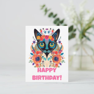 Bloemige Siamese Kat Ansichtkaart: Happy Birthday- Briefkaart