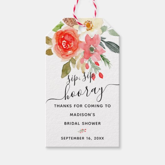 Bloemige Sip Sip Hoera Bruiloft Favor Cadeaulabel (Voorkant)