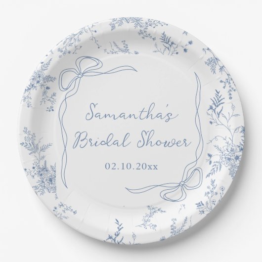 Bloemige Something Blue Strik Bruiloftsborrel Papieren Bordje (Voorkant)