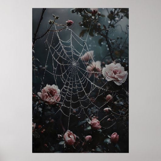 Bloemige Spinnenweb Print, Bloemen In Spinneweb Af Poster (Voorkant)