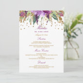 Bloemige sprankelende amethist bruiloft diner menu (Staand voorkant)