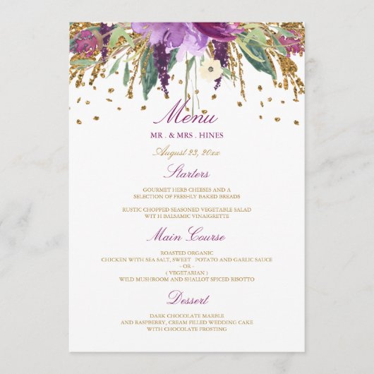 Bloemige sprankelende amethist bruiloft diner menu (Voorkant)
