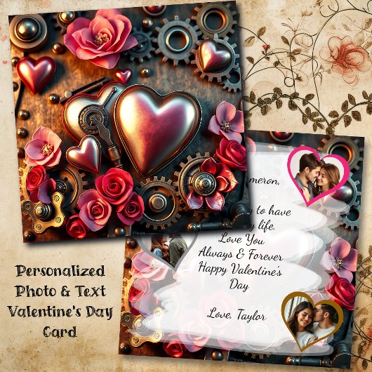 Bloemige Steampunk Valentijnsdag Fototemplate Kaart