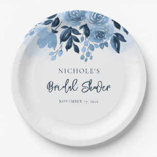 Bloemige Stof Blauw Aquarel Bruiloftsdouche Papieren Bordje