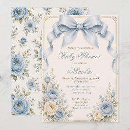 Bloemige Stof Blauw Coquette Strik Baby Shower Kaart
