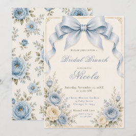 Bloemige Stof Blauw Coquette Strik Bruids Brunch Kaart