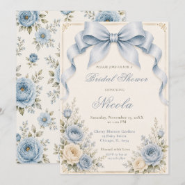 Bloemige Stof Blauw Coquette Strik Bruidsuitnodigi Kaart