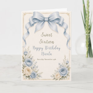 Bloemige Stof Blauw Coquette Strik Sweet Sixteen Kaart