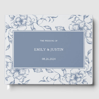 Bloemige Stof Blauw Elegant Huwelijk Gastenboek