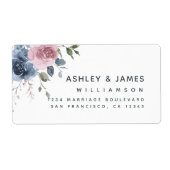 Bloemige Stof Blauw Roze Roos Script Retouradres Etiket (Voorkant)