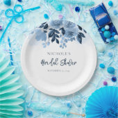 Bloemige Stof Blauw Waterverf Bruidsdouche Papieren Bordje (Feest)