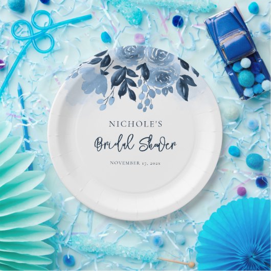 Bloemige Stof Blauw Waterverf Bruiloft Papieren Bordje (Feest)