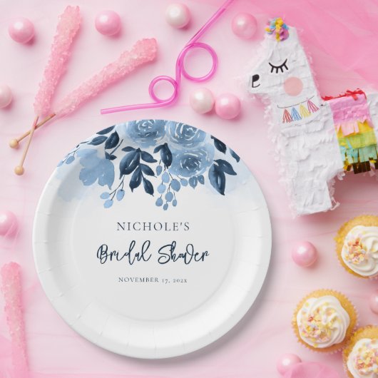 Bloemige Stof Blauw Waterverf Bruiloft Papieren Bordje (Feest)