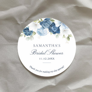 Bloemige Stof Blauw Waterverf Script Bruidsfeest Ronde Sticker