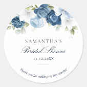 Bloemige Stof Blauw Waterverf Script Bruidsfeest Ronde Sticker (Voorkant)