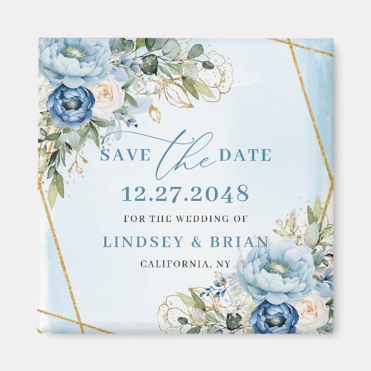 Bloemige Stof Blauwe Pioenrozen Gouden Glitters Da Magneet (Voorkant)