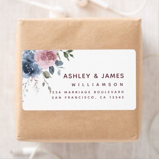 Bloemige Stof Blauwe Roze Roos Script Retouradres Etiket (Insitu)