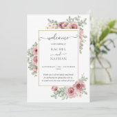Bloemige Stof Rose Elegant Huwelijksprogramma Kaart (Staand voorkant)
