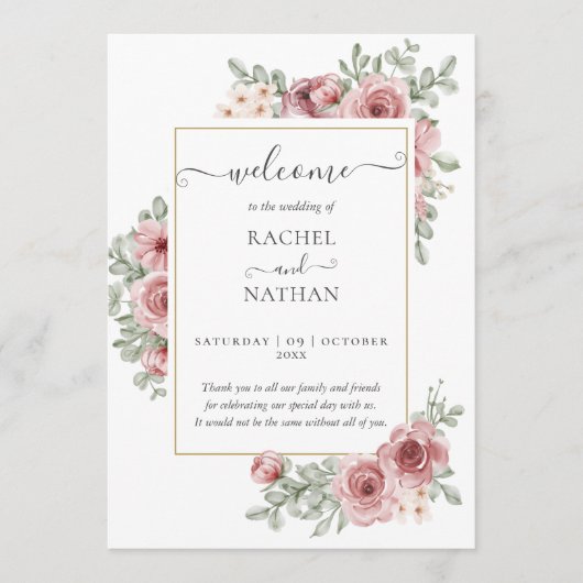 Bloemige Stof Rose Elegant Huwelijksprogramma Kaart (Voorkant)