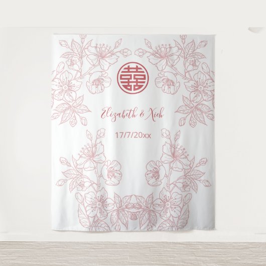 Bloemige Stof Roze Chinese Trouw Achtergrond Wandkleed (Voorkant)