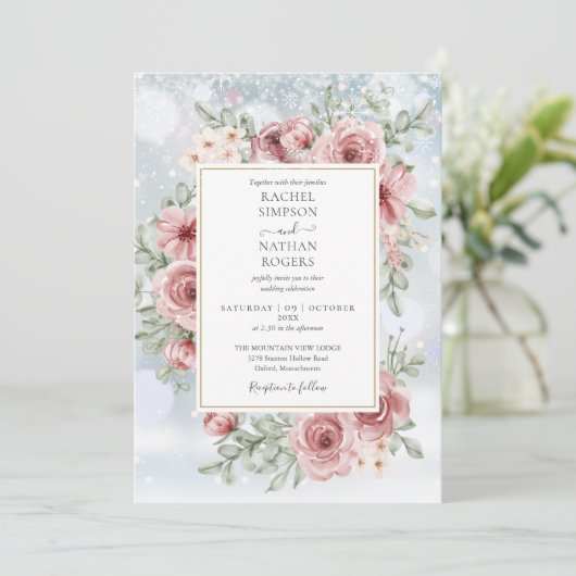 Bloemige Stof Roze Goud Winter Bruiloft Kaart (Staand voorkant)
