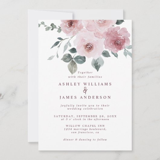 Bloemige Stof Roze Roos Bourgondië Trouw Uitnodigi Kaart (Voorkant)