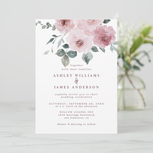 Bloemige Stof Roze Roos Bourgondië Trouw Uitnodigi Kaart (Staand voorkant)