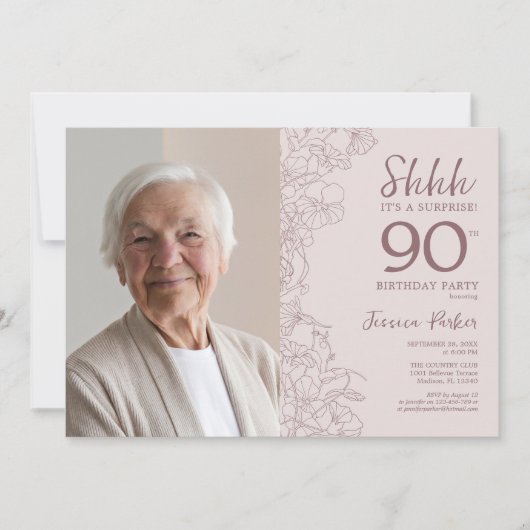 Bloemige Stof Roze Verrassing Foto 90e Verjaardag Kaart (Voorkant)