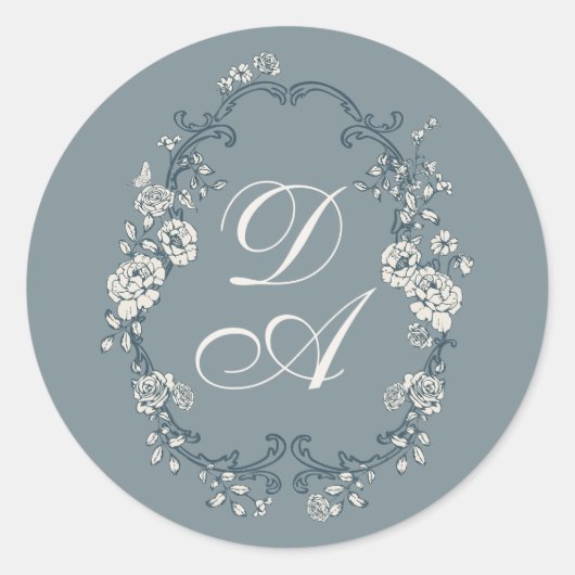 Bloemige Stofblauwe Monogram Ronde Sticker (Voorkant)