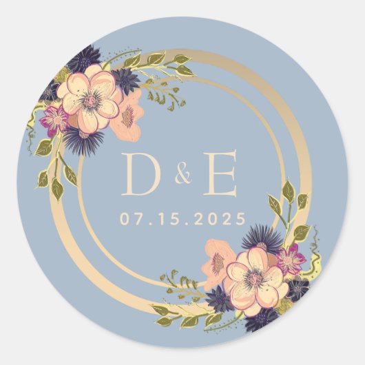 Bloemige Stofblauwe Monogram Trouw Ronde Sticker (Voorkant)